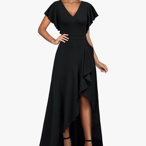 V Neck Ruffle Split Long Black Dress